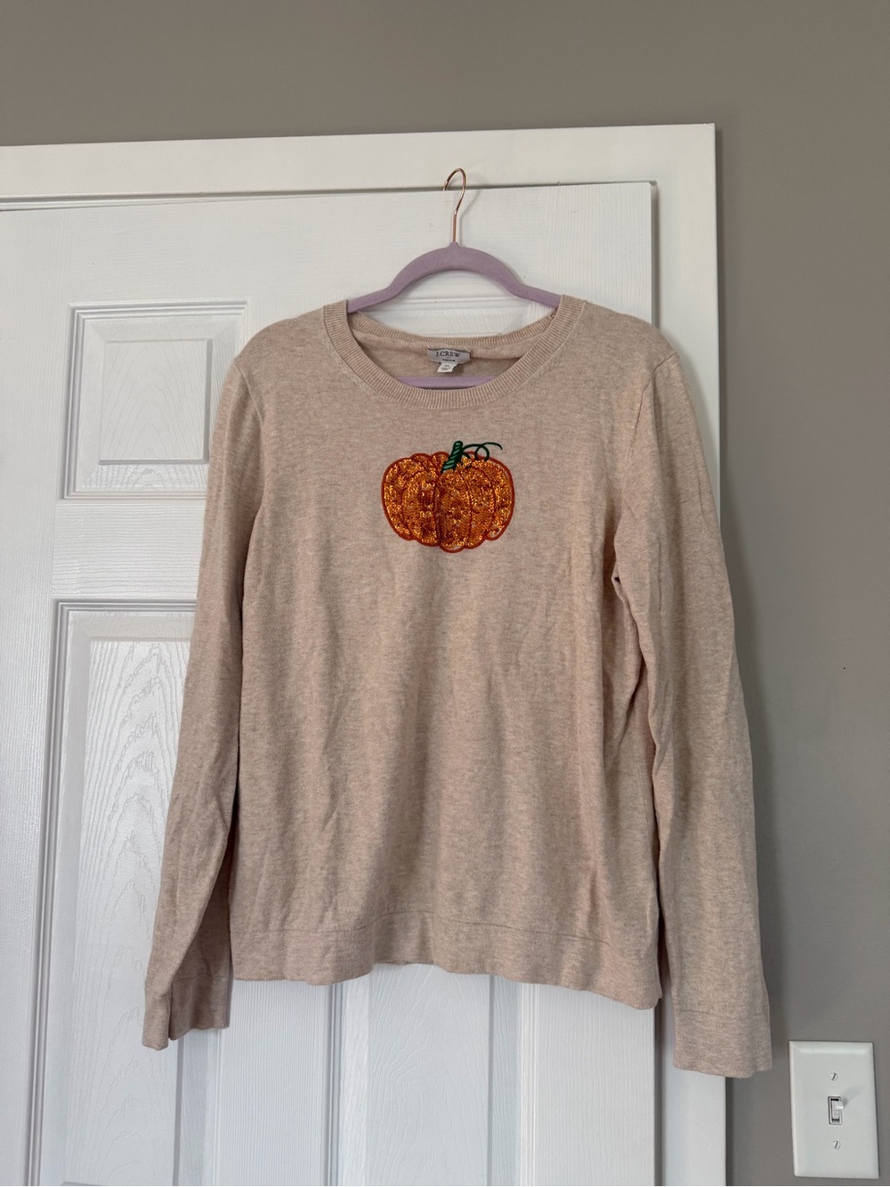 Jcrew Teddie Pumpkin Sequin Taupe Long Sleeve Sweater Fall Halloween
